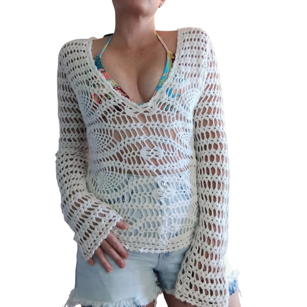 Crochet Knit Flare Sleeve Top Womens Medium White Beach Cover Up Boho Festival